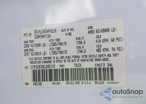 2006 Dodge Ram 2500 Slt/Trx4 Off Road/Sport/Power Wagon z USA, uszkodzony, nr VIN 1D7KS28C66J202119